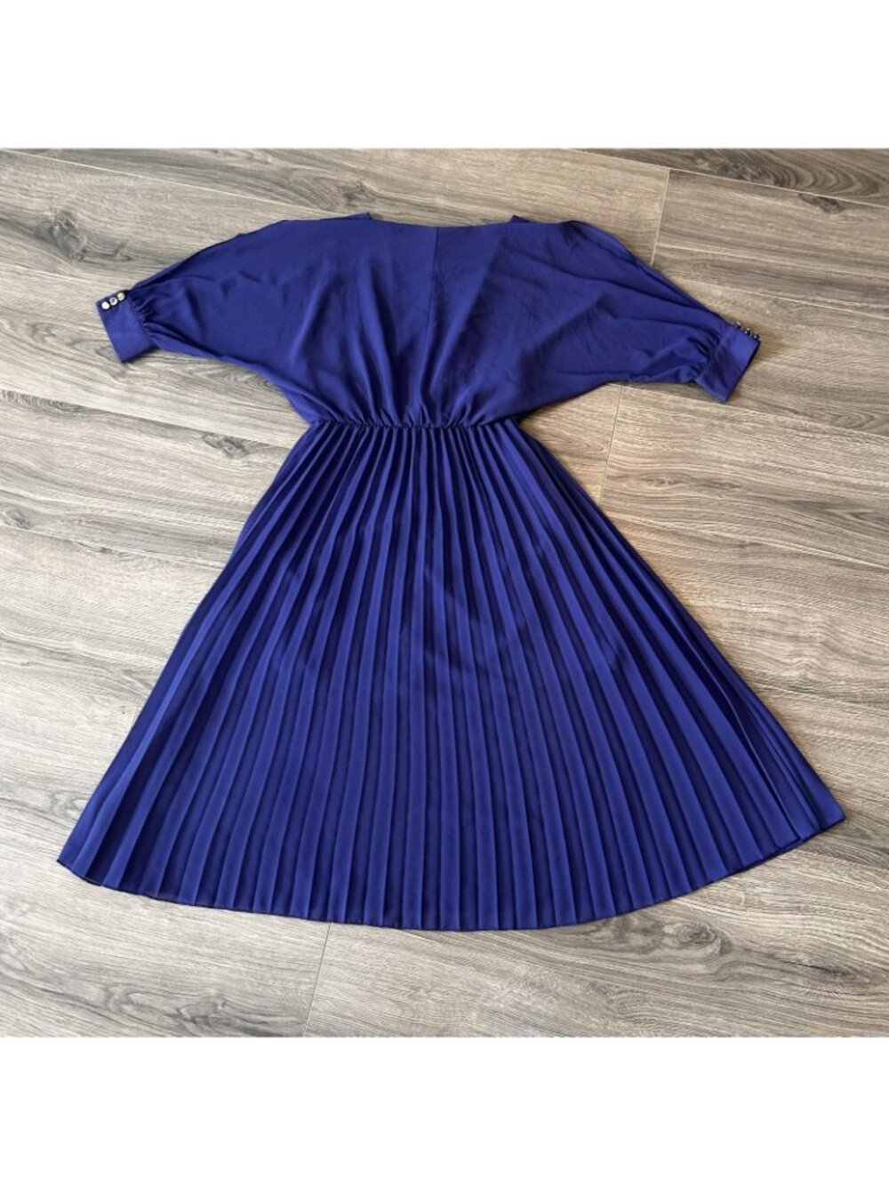 Diane Von Furstenberg Dress Womens S Blue Pleated Blouson Cold Shoulder Midi - Picture 2 of 11